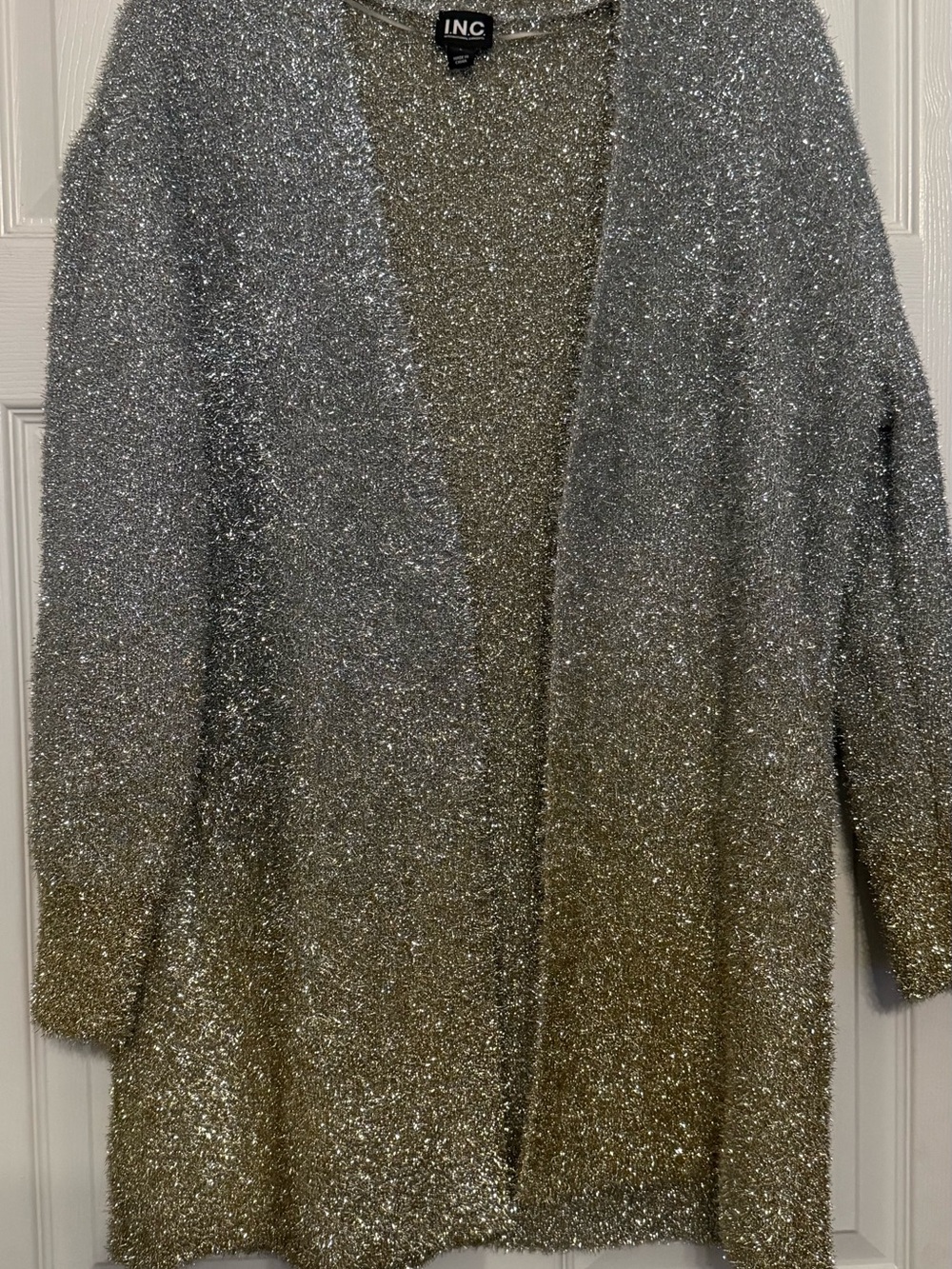 INC International Concepts Silver Metallic Open-Front Cardigan